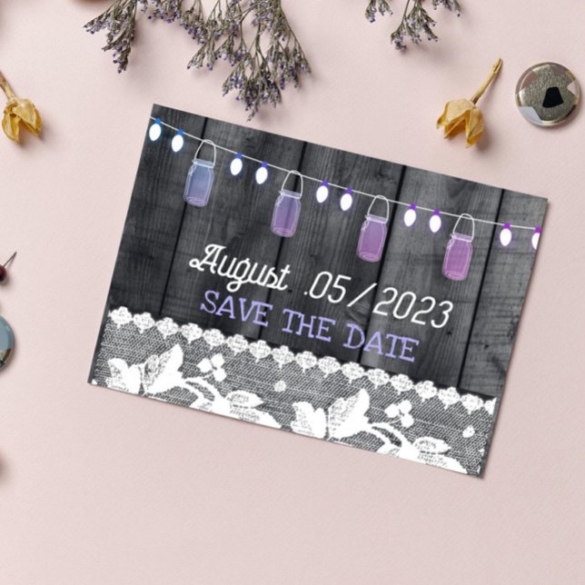 rustic save the date with wood ,lace ,string light announcement postcard (Creator Uploaded)