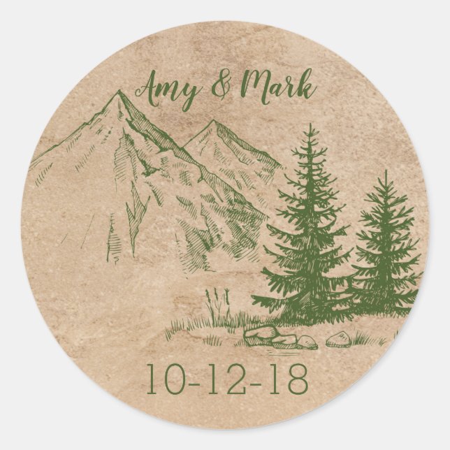 Rustic Scenic Mountains Wedding Label (Front)