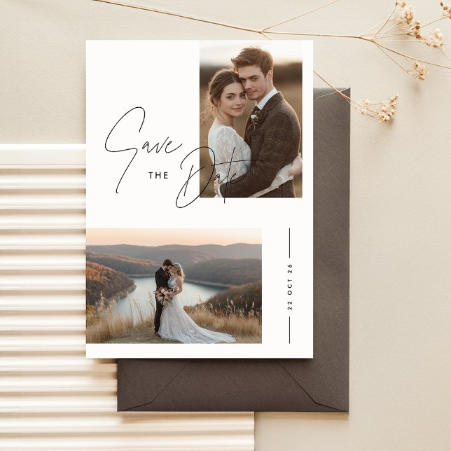 Rustic Script 2 Photo Wedding Save The Date Invitation (Creator Uploaded)