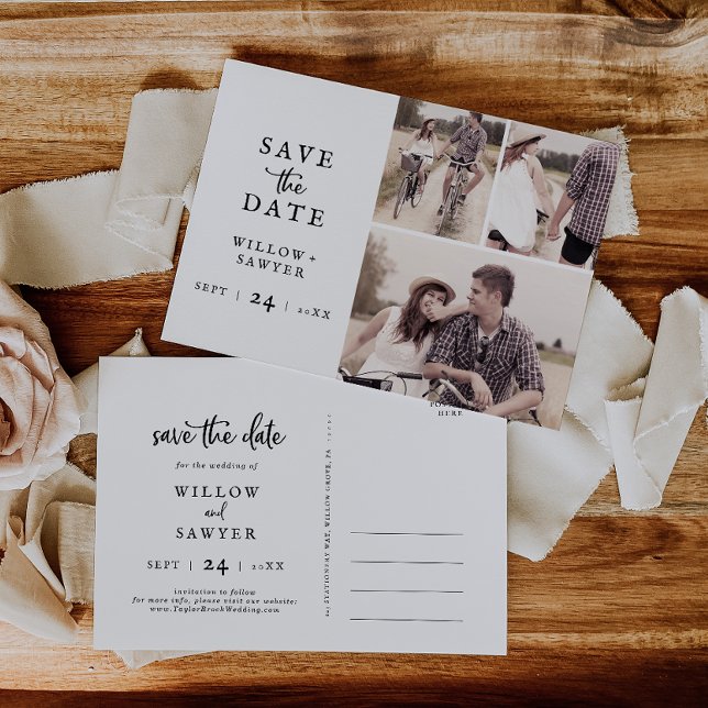 Rustic Script 3 Photo Collage Save the Date Invitation Postcard (Creator Uploaded)