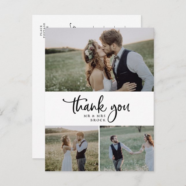 Rustic Script 3 Photo Collage Wedding Thank You Postcard (Front/Back)