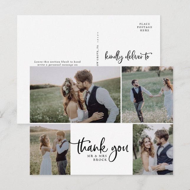 Rustic Script 4 Photo Collage Wedding Thank You Postcard (Front/Back)