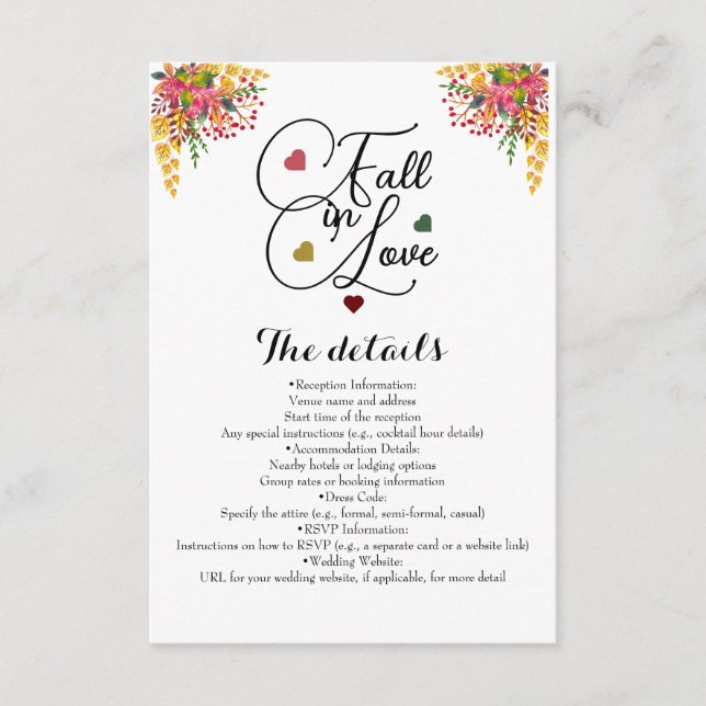 Rustic  Script Autumn Floral Fall in Love Wedding  Enclosure Card (Front)