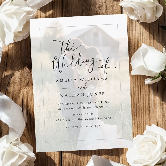 Rustic Script Black White Photo Wedding   Invitation (Creator Uploaded)