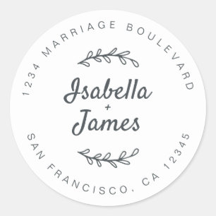 Rustic Script Black White Wedding Return Address Classic Round Sticker
