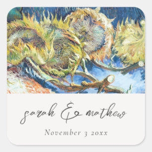 Rustic Script Blue Yellow Sunflower Wedding Square Sticker