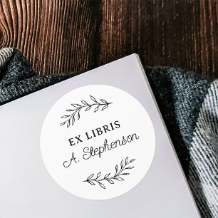Rustic Script Botanical Leaves Ex Libris Bookplate Classic Round Sticker