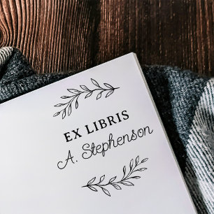 Rustic Script Botanical Leaves Ex Libris Bookplate Rubber Stamp