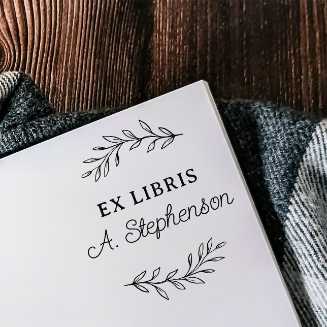 Rustic Script Botanical Leaves Ex Libris Bookplate Self-inking Stamp (Creator Uploaded)