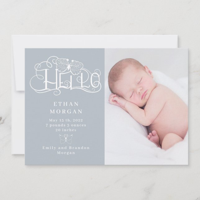 rustic script butterfly blue birth announcement (Front)