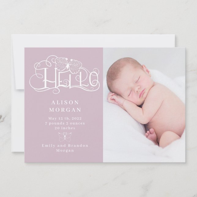 rustic script butterfly blush birth announcement (Front)