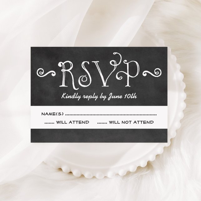 Rustic Script Chalkboard Wedding Black RSVP Card (Creator Uploaded)