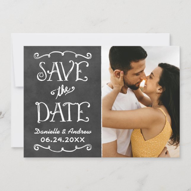 Rustic Script Chalkboard Wedding Black Save The Date (Front)