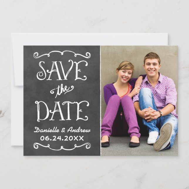 Rustic Script Chalkboard Wedding Black Save The Date (Front)