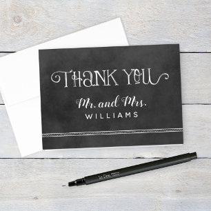 Rustic Script Chalkboard Wedding Monogram Black Thank You Card