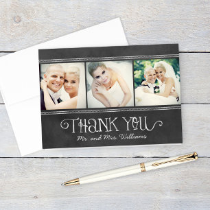Rustic Script Chalkboard Wedding Photo Collage Thank You Card