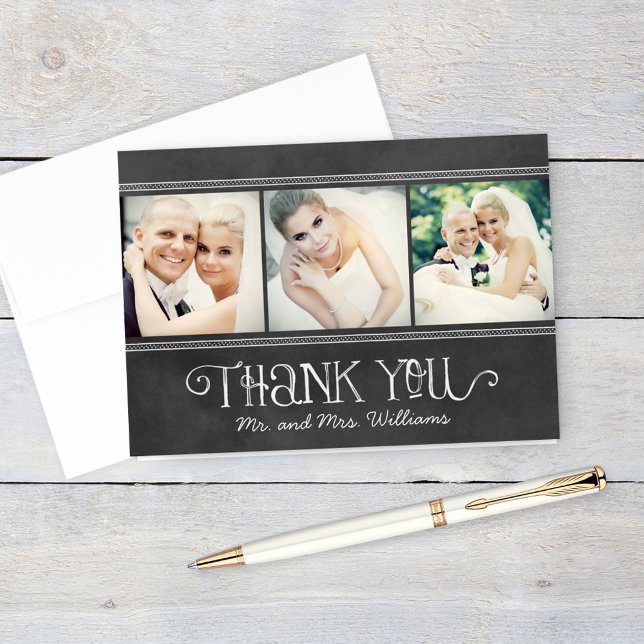 Rustic Script Chalkboard Wedding Photo Collage Thank You Card (Creator Uploaded)
