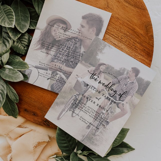Rustic Script | Faded Photo Front and Back Wedding Invitation (Creator Uploaded)