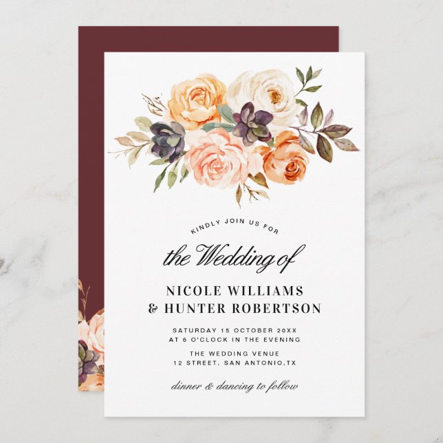 Rustic script fall floral wedding invitation (Front/Back)