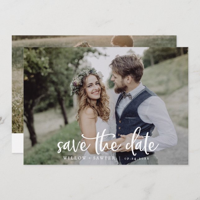 Rustic Script Horizontal Dark Photo Save The Date (Front/Back)