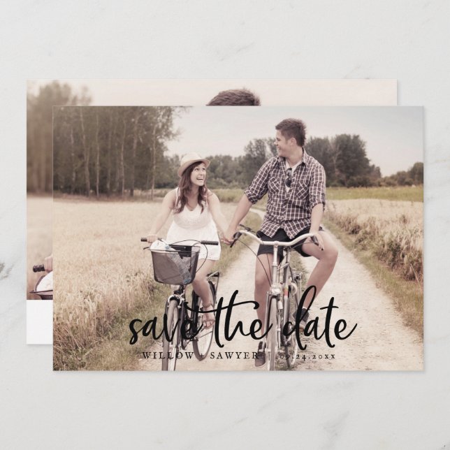 Rustic Script Horizontal Light Photo Save The Date (Front/Back)