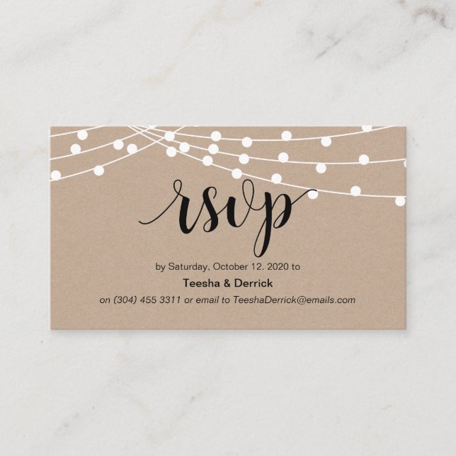 Rustic Script, kraft, string lights, Wedding RSVP Enclosure Card (Front)