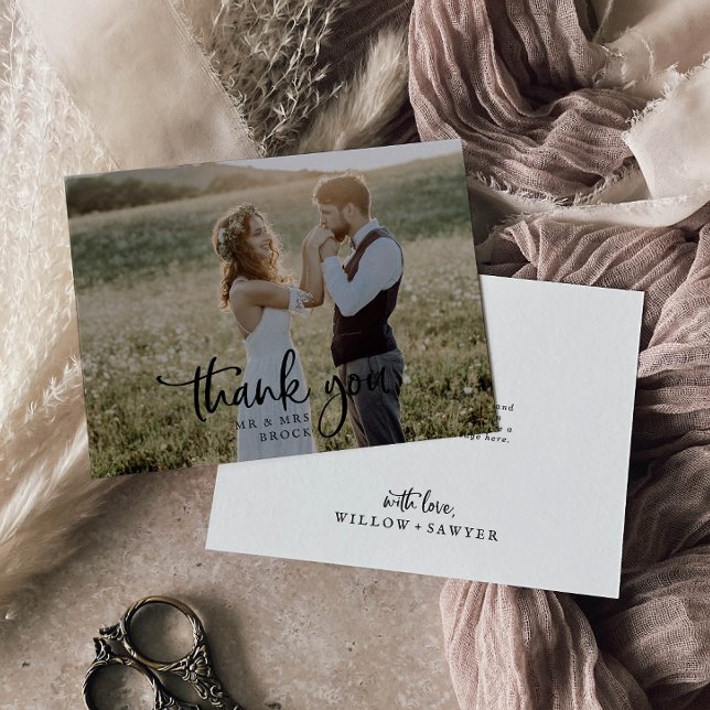 Rustic Script Light Photo Wedding Thank You Card (Creator Uploaded)