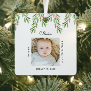 Rustic Script Mistletoe Photo Baby First Christmas Metal Tree Decoration
