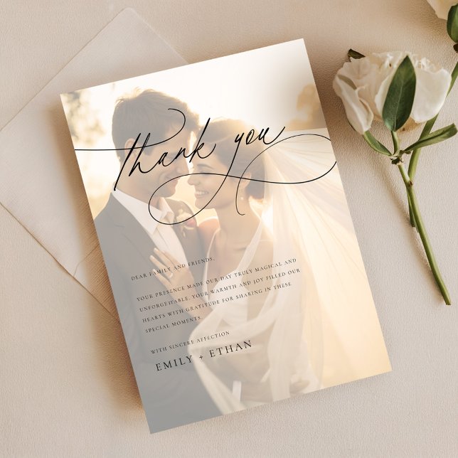 Rustic Script Modern Wedding Photo Thank You Card (Creator Uploaded)