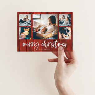Rustic Script Multi Photo Grid Merry Christmas Holiday Card