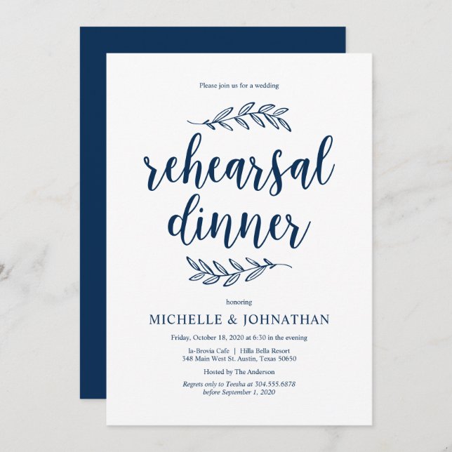 Rustic Script, Navy Blue, Wedding Rehearsal Dinner Invitation (Front/Back)