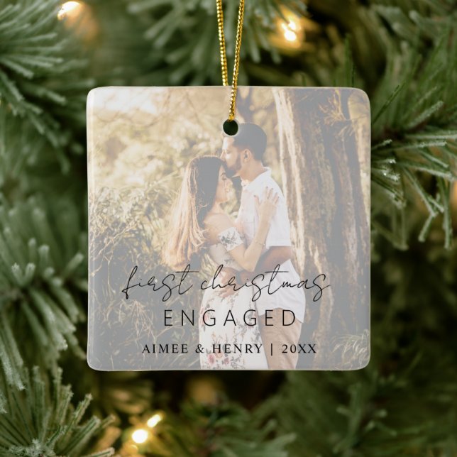 Rustic Script Photo Modern Engaged Ceramic Ornament (Tree)