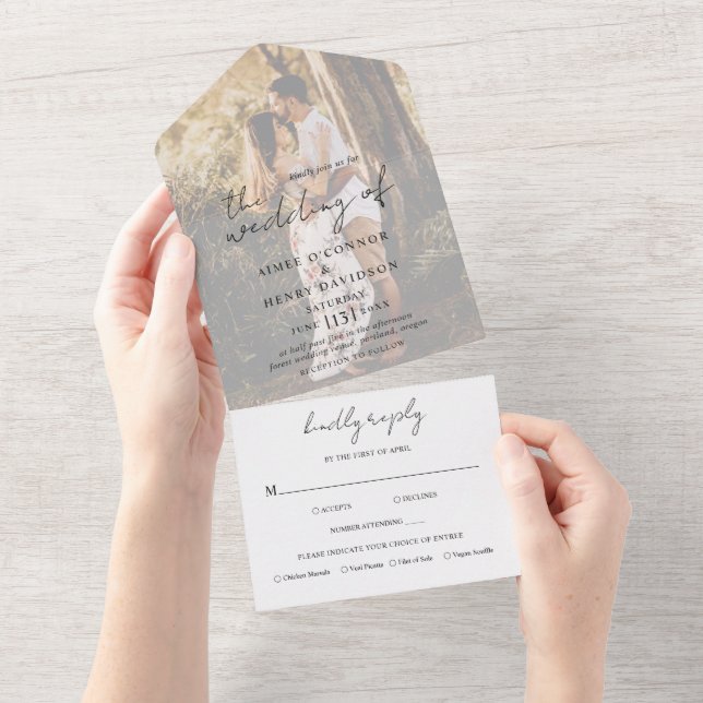 Rustic Script Photo Modern Wedding All In One Invitation (Tearaway)