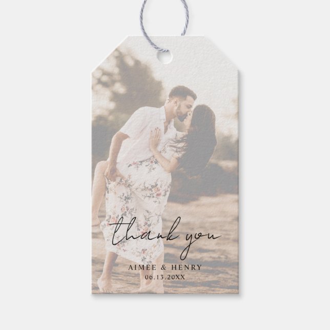 Rustic Script Photo Modern Wedding Gift Tags (Front)
