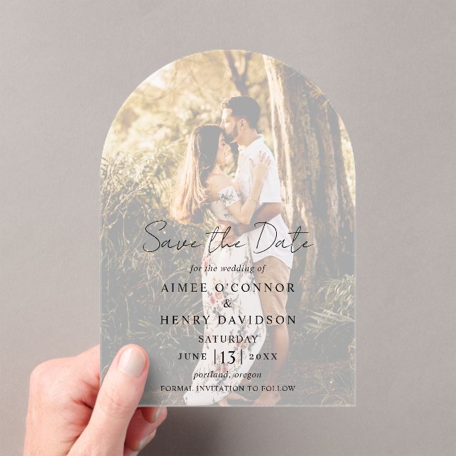 Rustic Script Photo Modern Wedding Save the Date Acrylic Invitations (Insitu (Handheld))