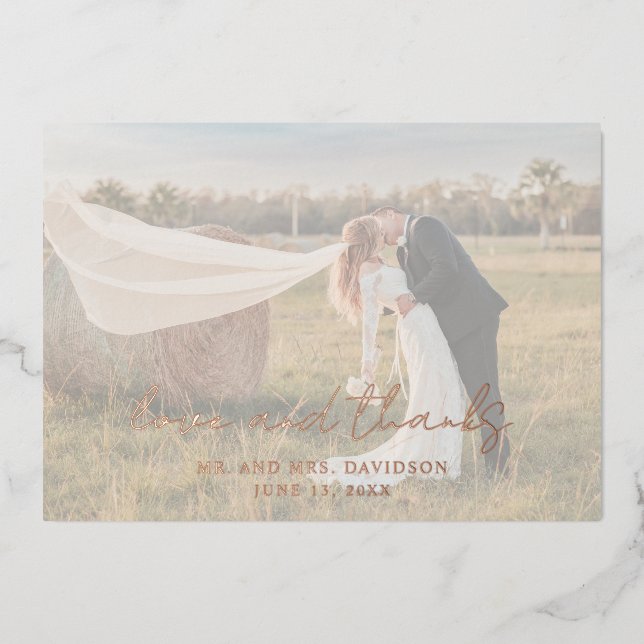 Rustic Script Photo Modern Wedding Thank You Card (Front)
