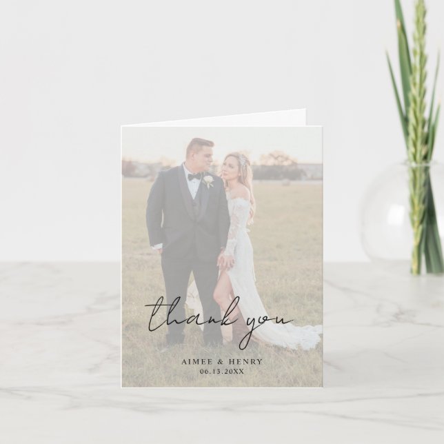 Rustic Script Photo Modern Wedding Thank You Card (Front)