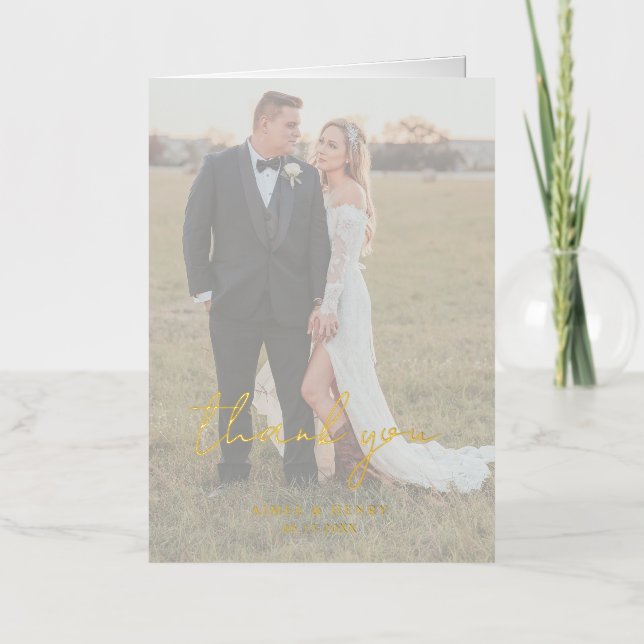 Rustic Script Photo Modern Wedding Thank You Foil Greeting Card (Front)