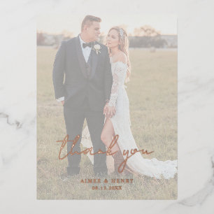 Rustic Script Photo Modern Wedding Thank You Foil Invitation Postcard