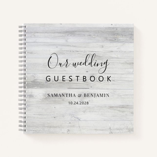 Rustic Script Printed Wood Wedding Guest Book (Front)