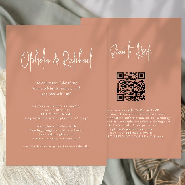 Rustic Script QR Code Boho Terracotta wedding Invitation (Front and back view. Available digitally or printed.)