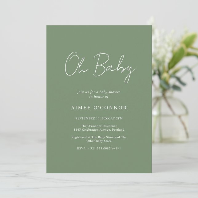 Rustic Script Sage Green Simple Modern Baby Shower Invitation (Standing Front)