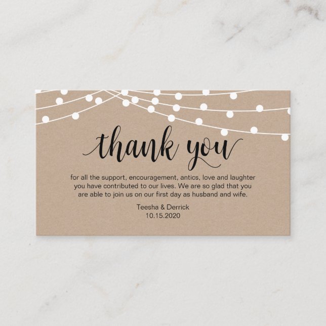 Rustic Script, string light, Wedding Thank you Enclosure Card (Front)
