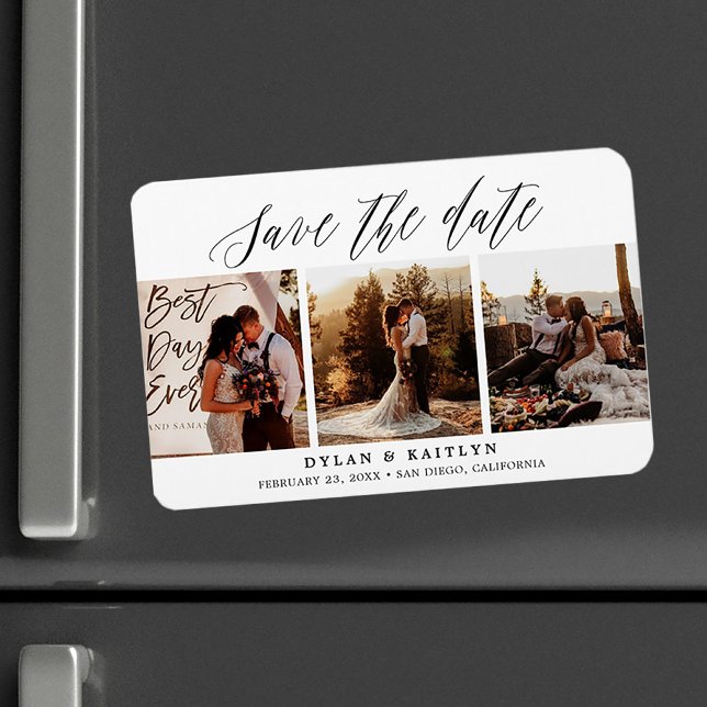 Rustic Script Three Photos Save the Date 4x6 Magnet (Creator Uploaded)