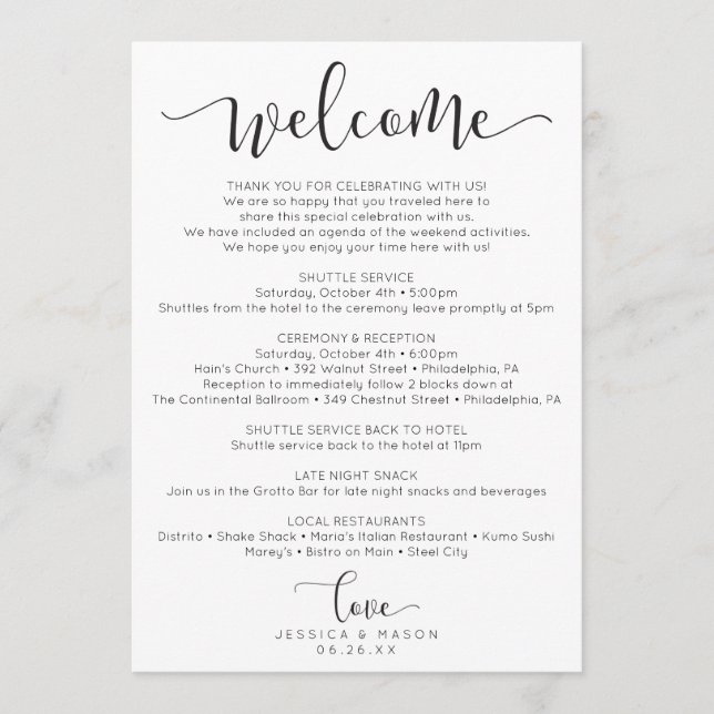 Rustic Script Wedding Itinerary - Wedding Welcome Program (Front)