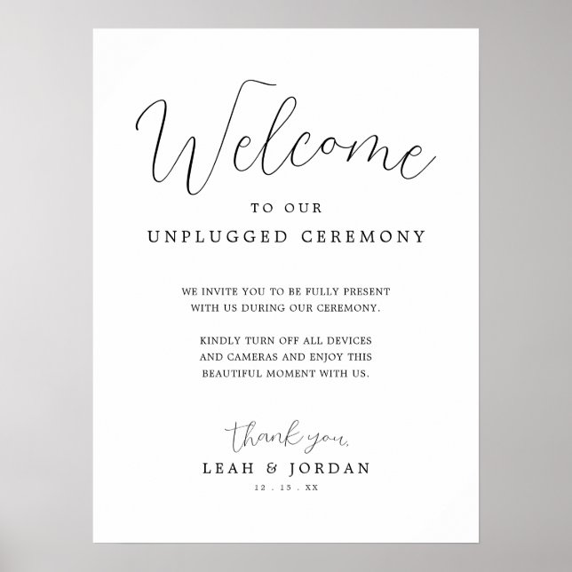Rustic Script Wedding Uplugged Ceremony Sign (Front)