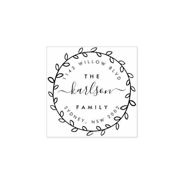 Rustic Script & Wreath Family Name Return Address Rubber Stamp (Imprint)