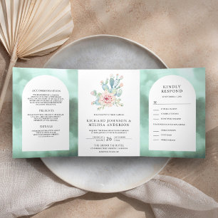 Rustic Seafoam Arch Desert Floral Cactus Wedding Tri-Fold Invitation