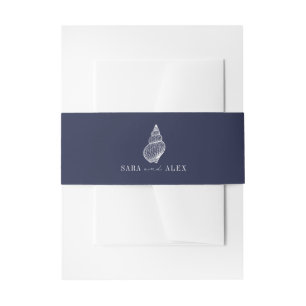 Rustic Seashell Dark Blue Beach Wedding Invitation Belly Band