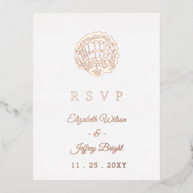 Rustic Seashells Marine Ocean Beach Wedding RSVP Foil Invitation Postcard (Front)